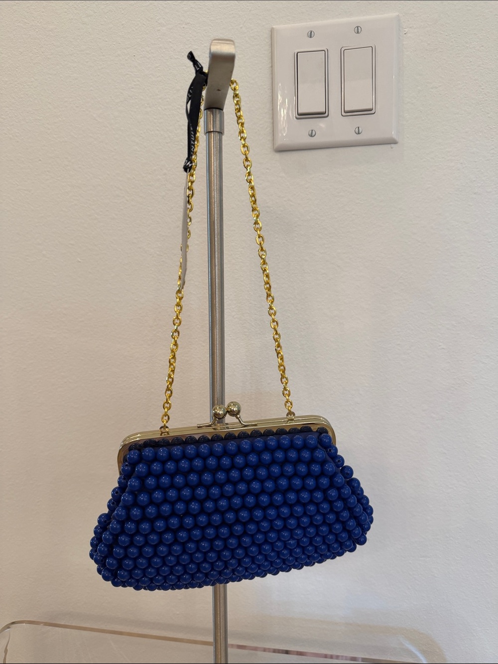 Gold-Chain Royal Blue Beaded Evening Clutch